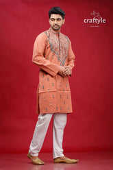 Burning sand kantha stitch ethnic cotton kurta for men peach-colored embroidered intricate silver 4