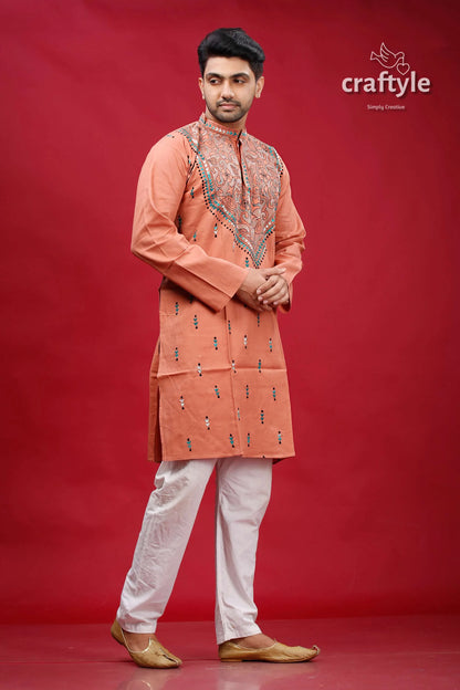 Burning sand kantha stitch ethnic cotton kurta for men peach-colored embroidered intricate silver 4