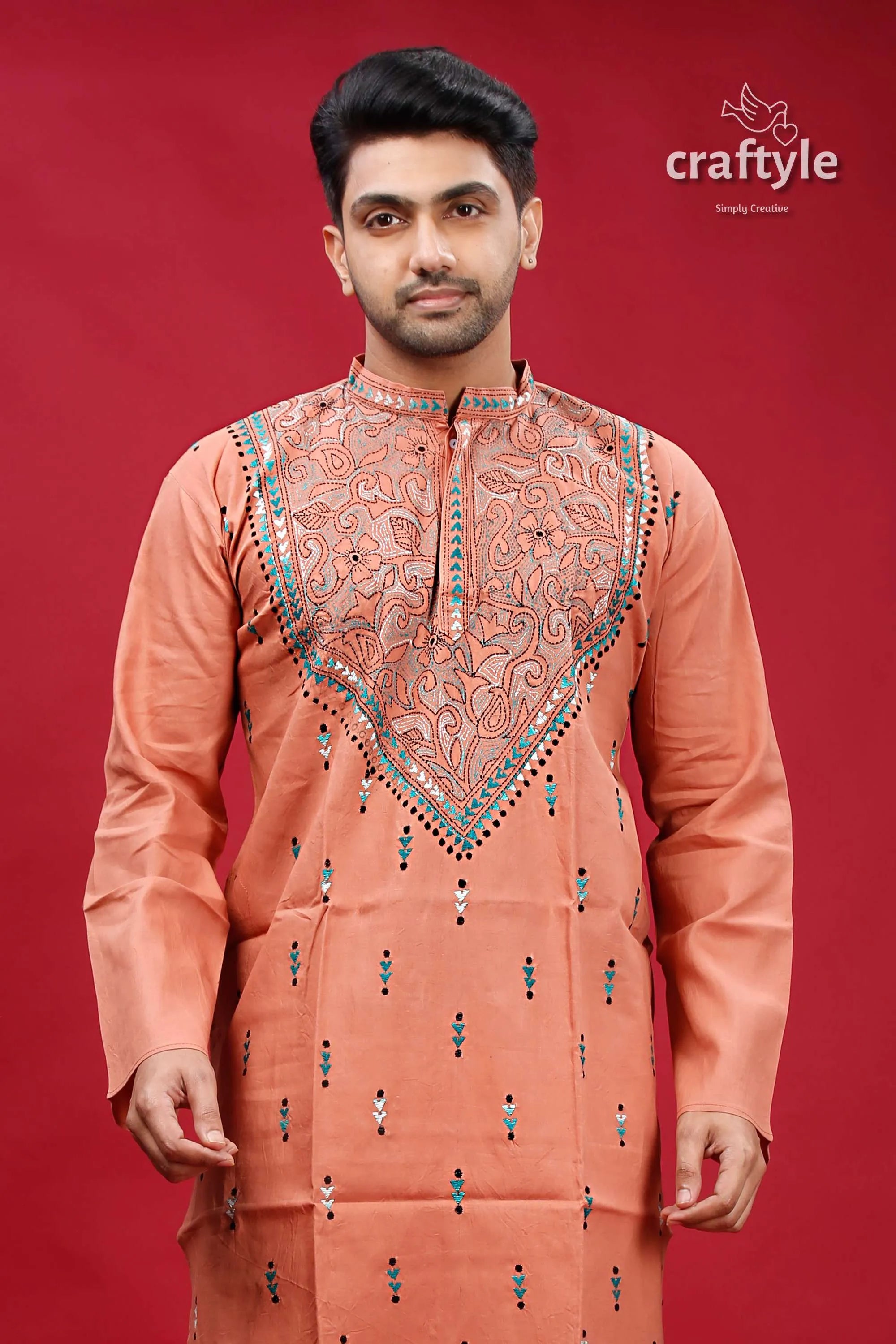 Burning sand kantha stitch ethnic cotton kurta for men peach-colored men’s intricate blue 2