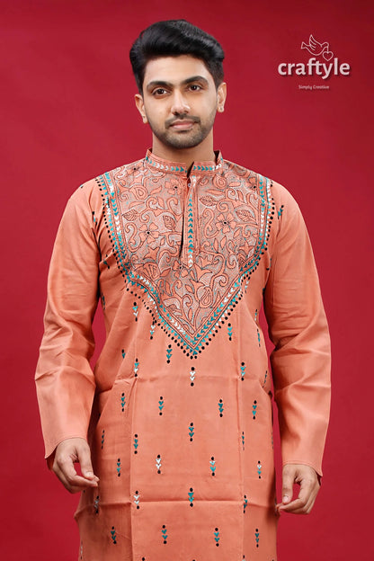 Burning sand kantha stitch ethnic cotton kurta for men peach-colored men’s intricate blue 2