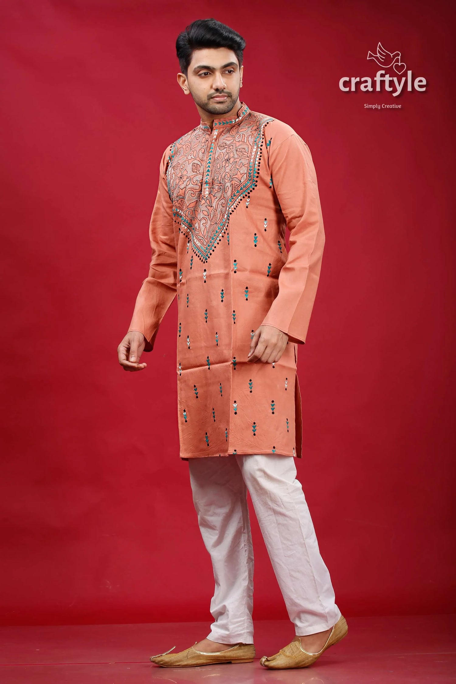Burning sand kantha stitch ethnic cotton kurta for men peach-colored embroidered intricate paisley 3