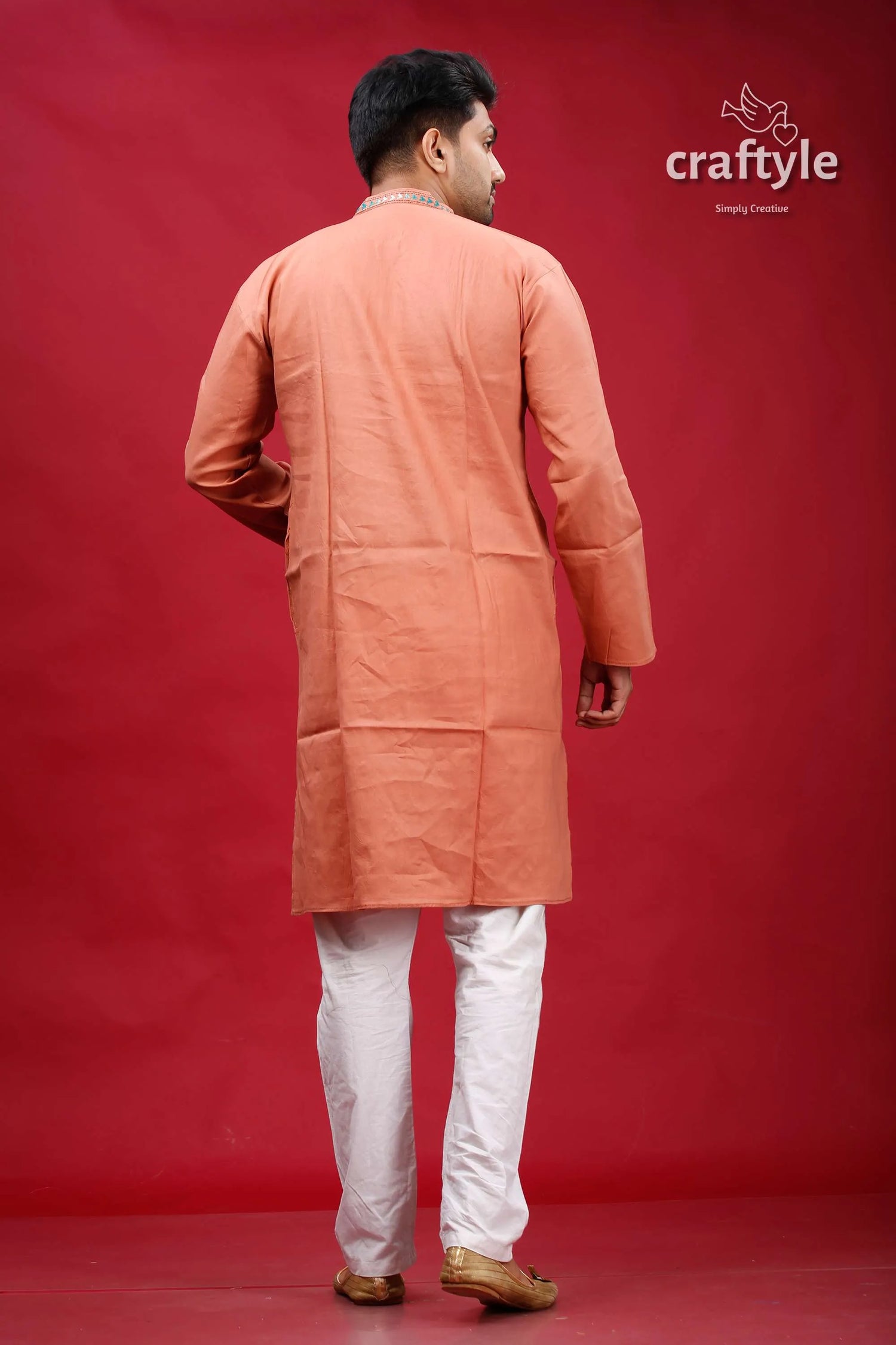 Burning sand kantha stitch ethnic cotton kurta for men peach-colored long-sleeved subtle texture 5