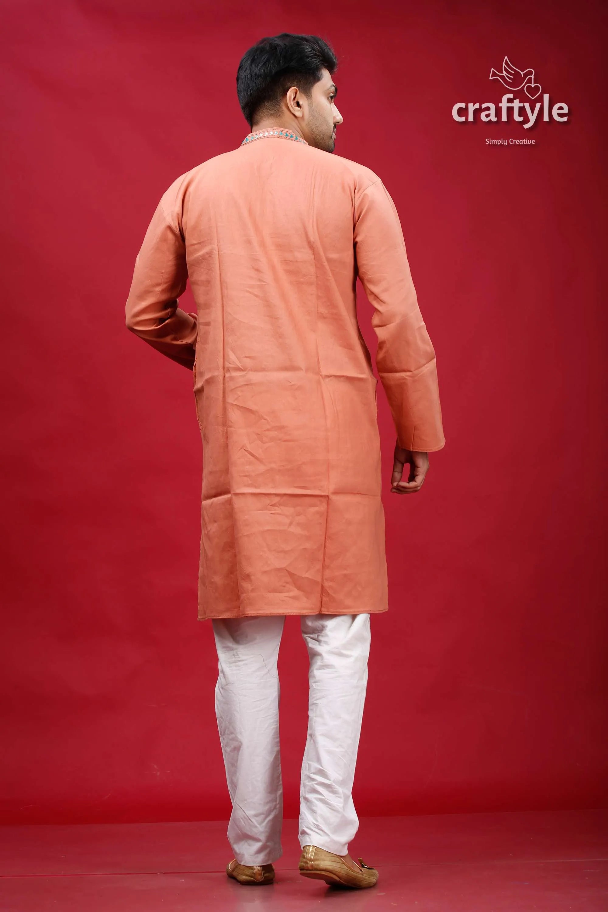 Burning sand kantha stitch ethnic cotton kurta for men peach-colored long-sleeved subtle texture 5