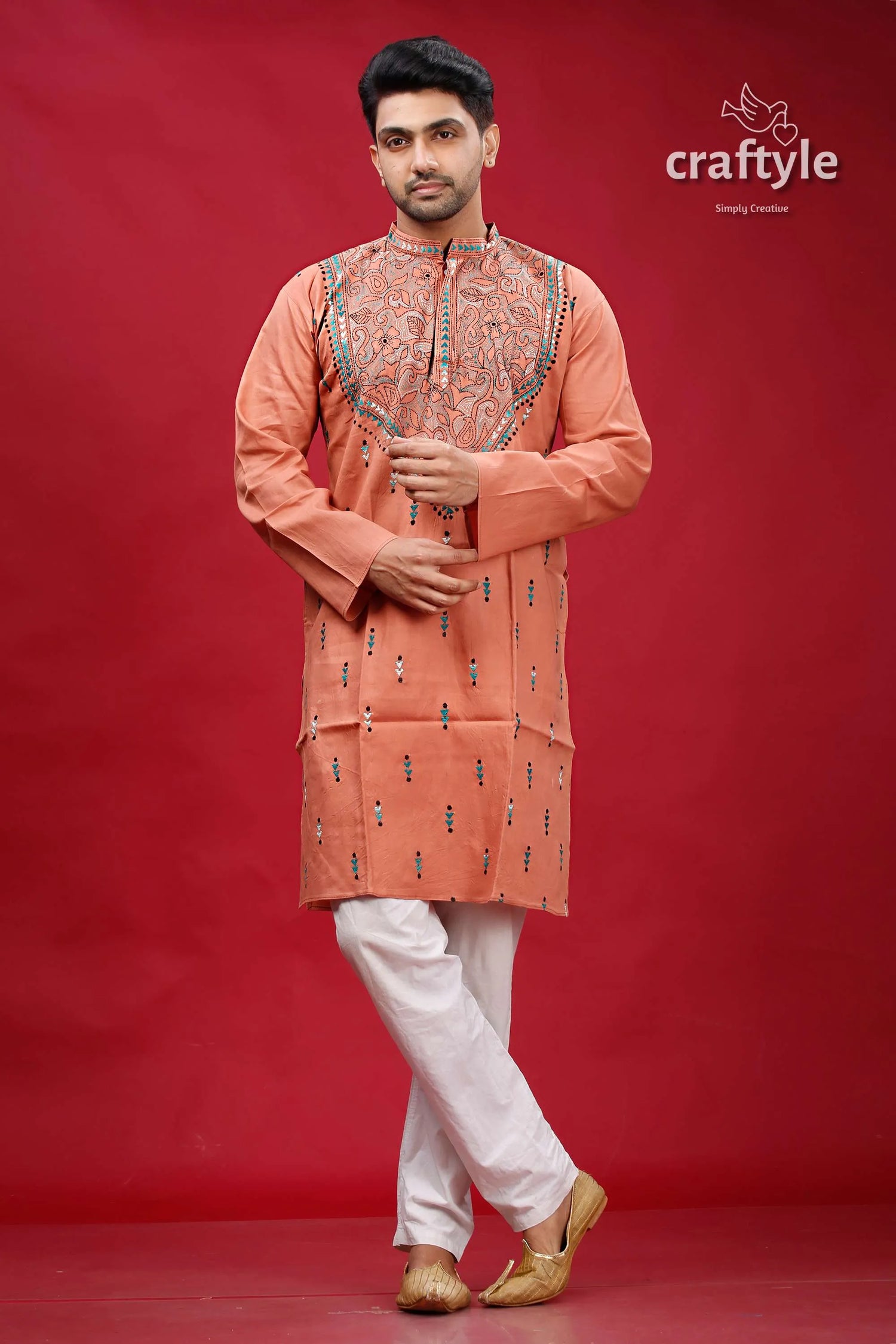 Burning sand kantha stitch ethnic cotton kurta for men peach-colored intricate embroidered decorative 1