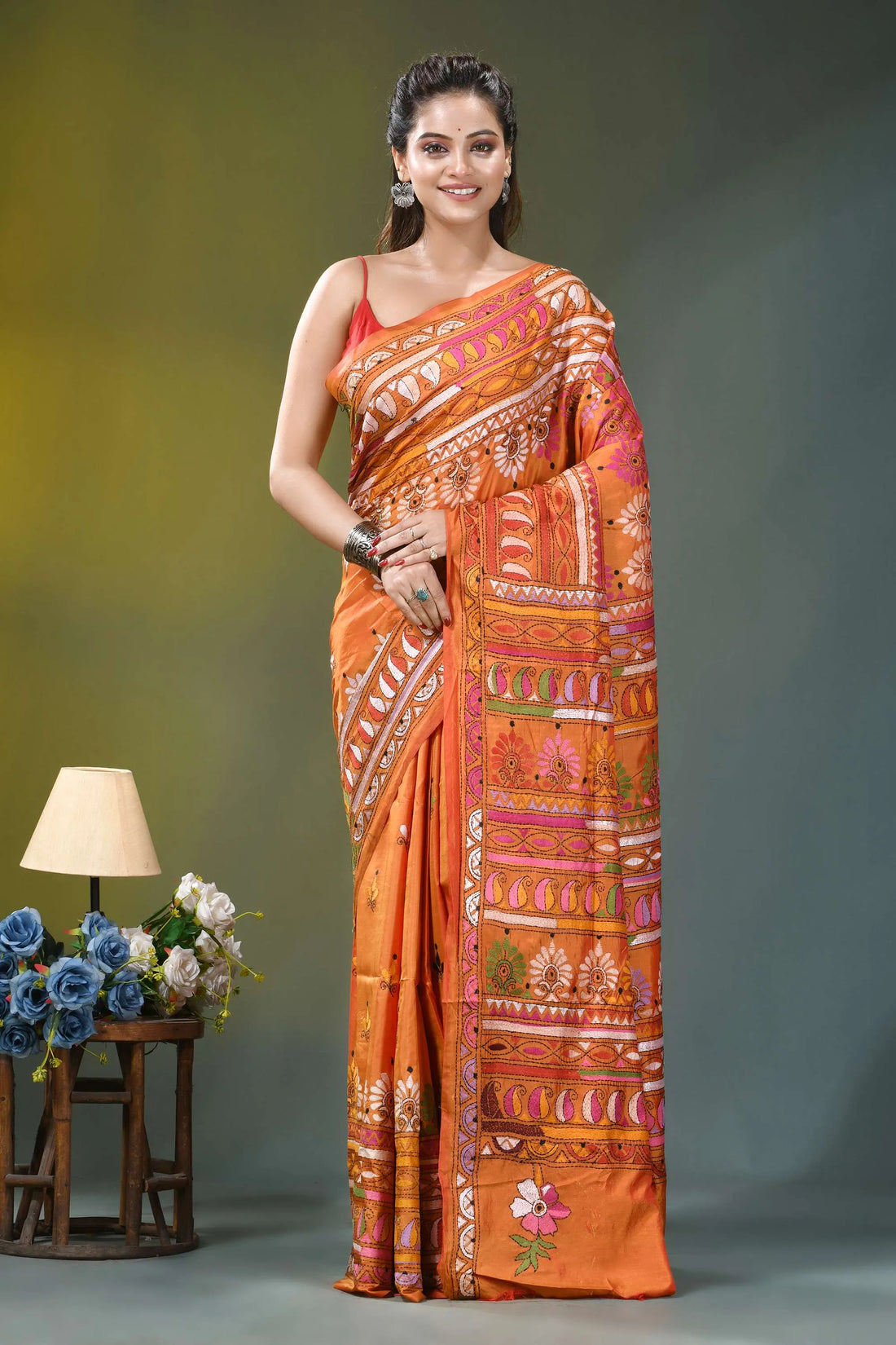 Burnt orange ethnic multi-thread silk kantha stitch saree vibrant orange saree intricate multicolored 1