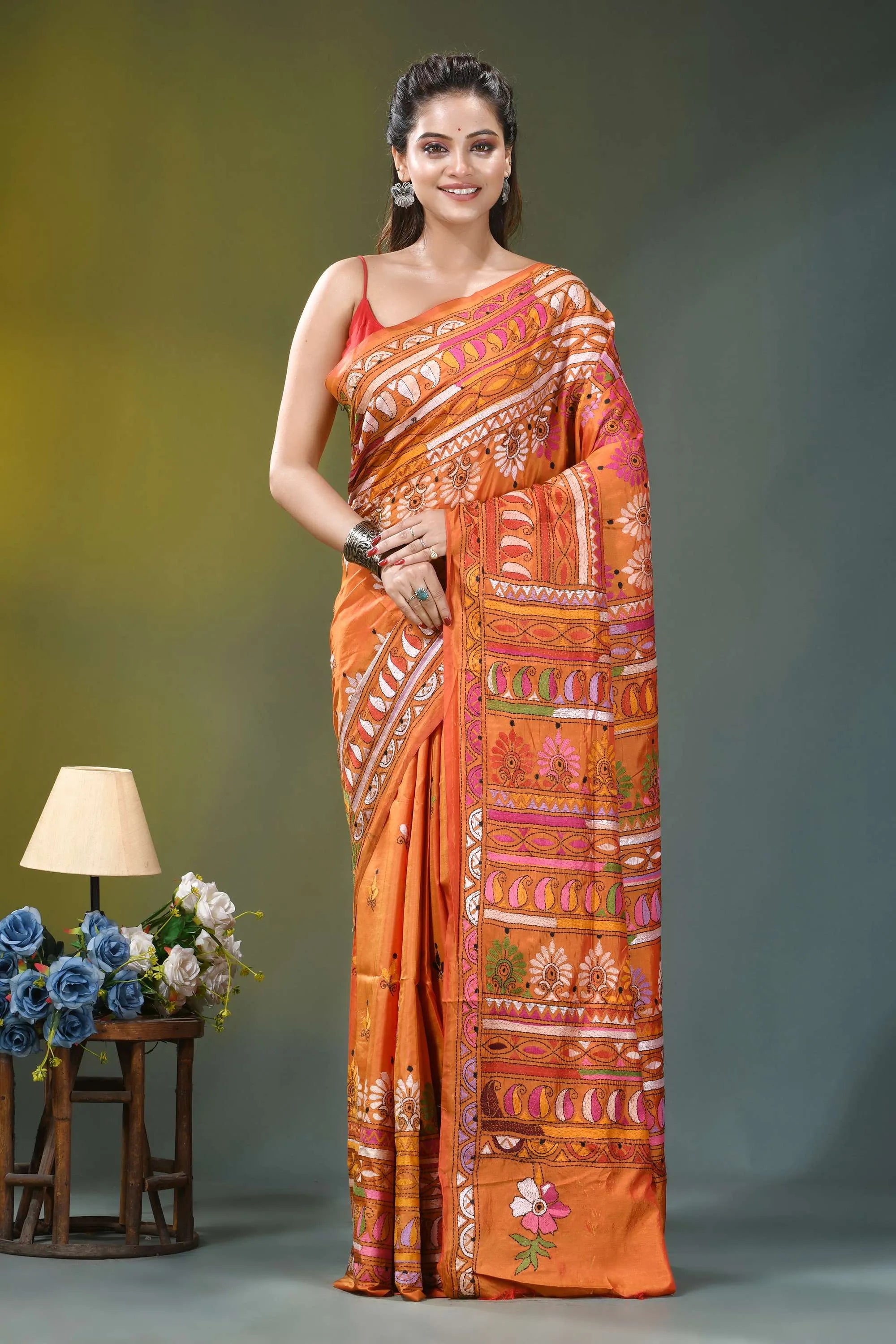 Burnt orange ethnic multi-thread silk kantha stitch saree vibrant orange saree intricate multicolored 1