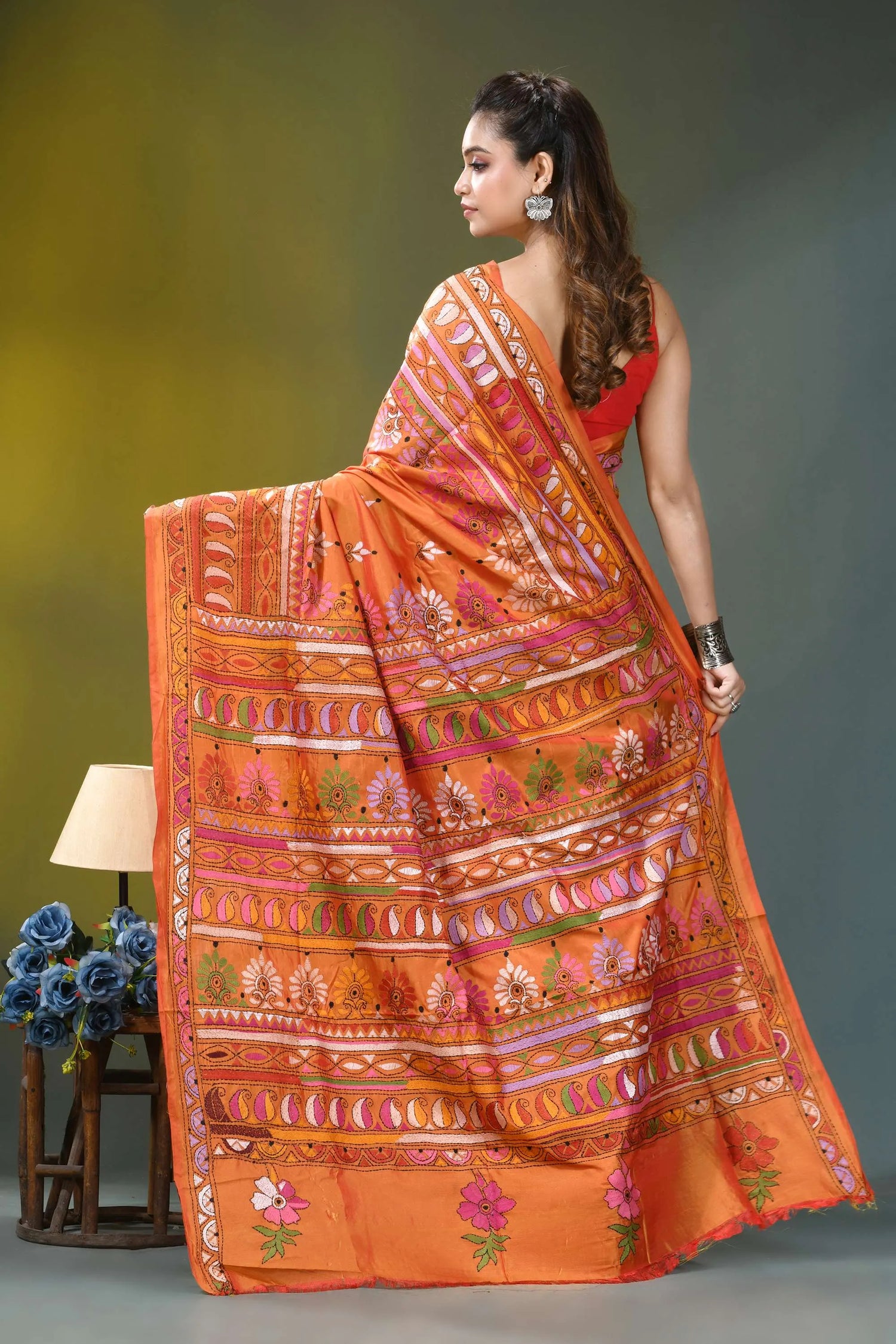 Burnt orange ethnic multi-thread silk kantha stitch saree vibrant orange saree intricate floral 5