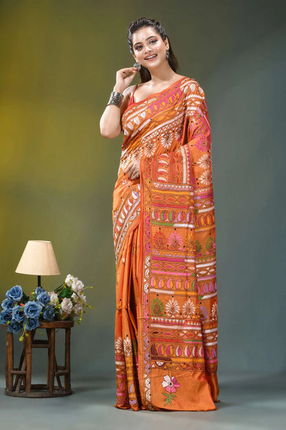 Burnt orange ethnic multi-thread silk kantha stitch saree vibrant orange saree intricate pink 6