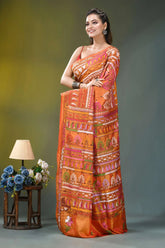 Burnt orange ethnic multi-thread silk kantha stitch saree vibrant orange saree intricate pink 3
