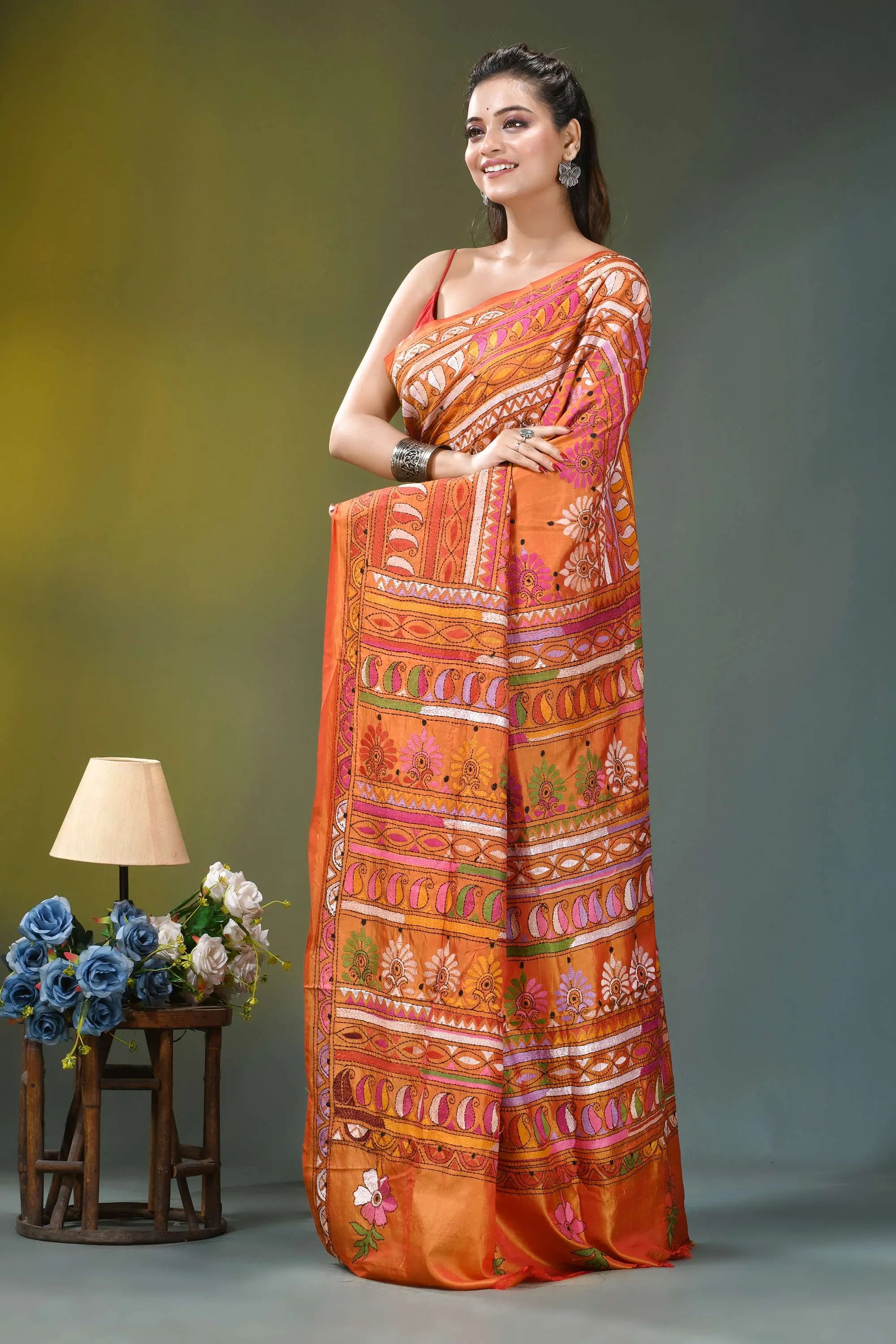 Burnt orange ethnic multi-thread silk kantha stitch saree vibrant orange saree intricate pink 3