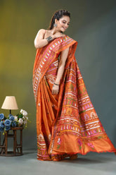 Burnt orange ethnic multi-thread silk kantha stitch saree vibrant orange saree intricate pink 4
