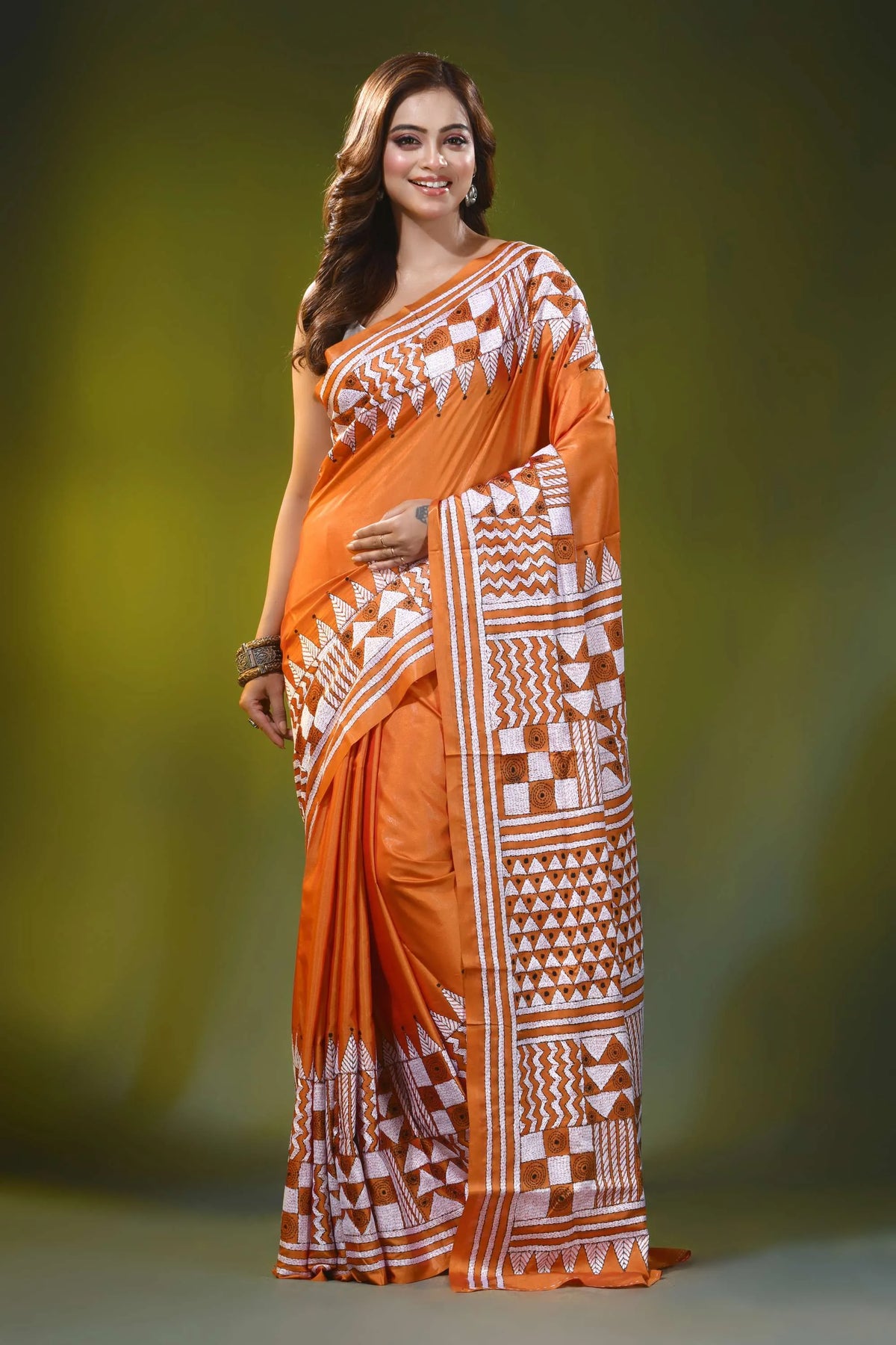 Burnt orange kantha embroidery silk saree - geometric design 6