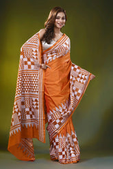 Burnt orange kantha embroidery silk saree - geometric design 5