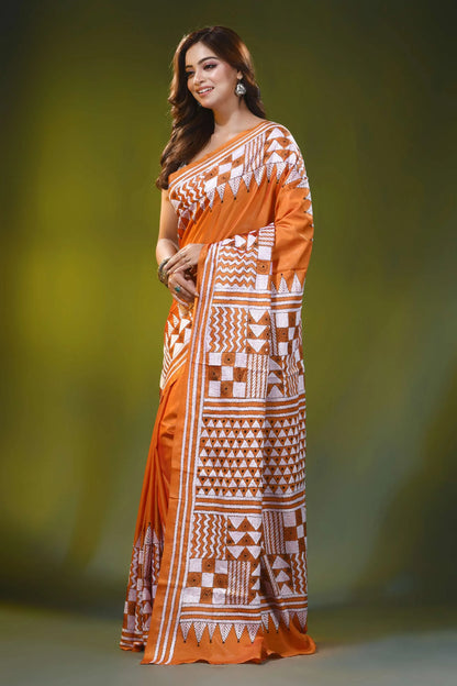 Burnt orange kantha embroidery silk saree - geometric design 3