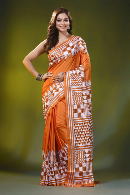 Burnt orange kantha embroidery silk saree - geometric design 1