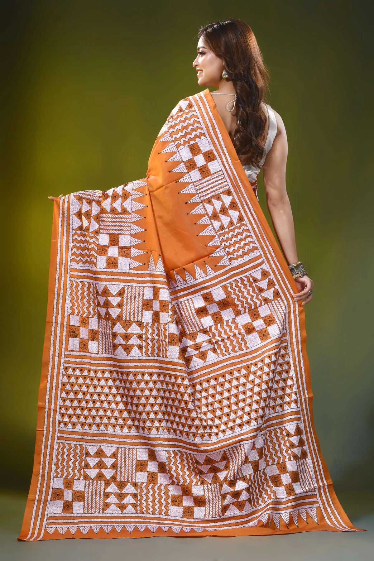 Burnt orange kantha embroidery silk saree - geometric design 4