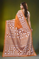 Burnt orange kantha embroidery silk saree - geometric design 4