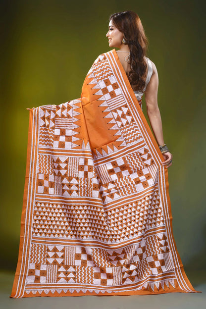 Burnt orange kantha embroidery silk saree - geometric design 4