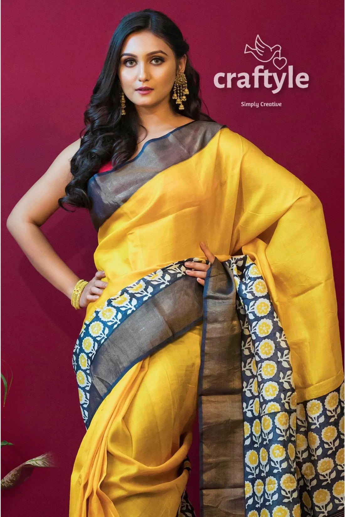 Butter yellow hand block print zari pure tussar silk saree yellow saree floral border 2