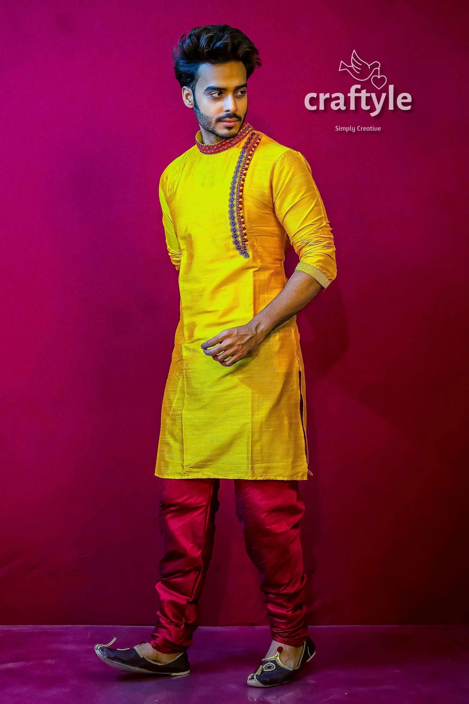 Butter yellow mens kurta pajama with weave work man yellow kurta red pants 3