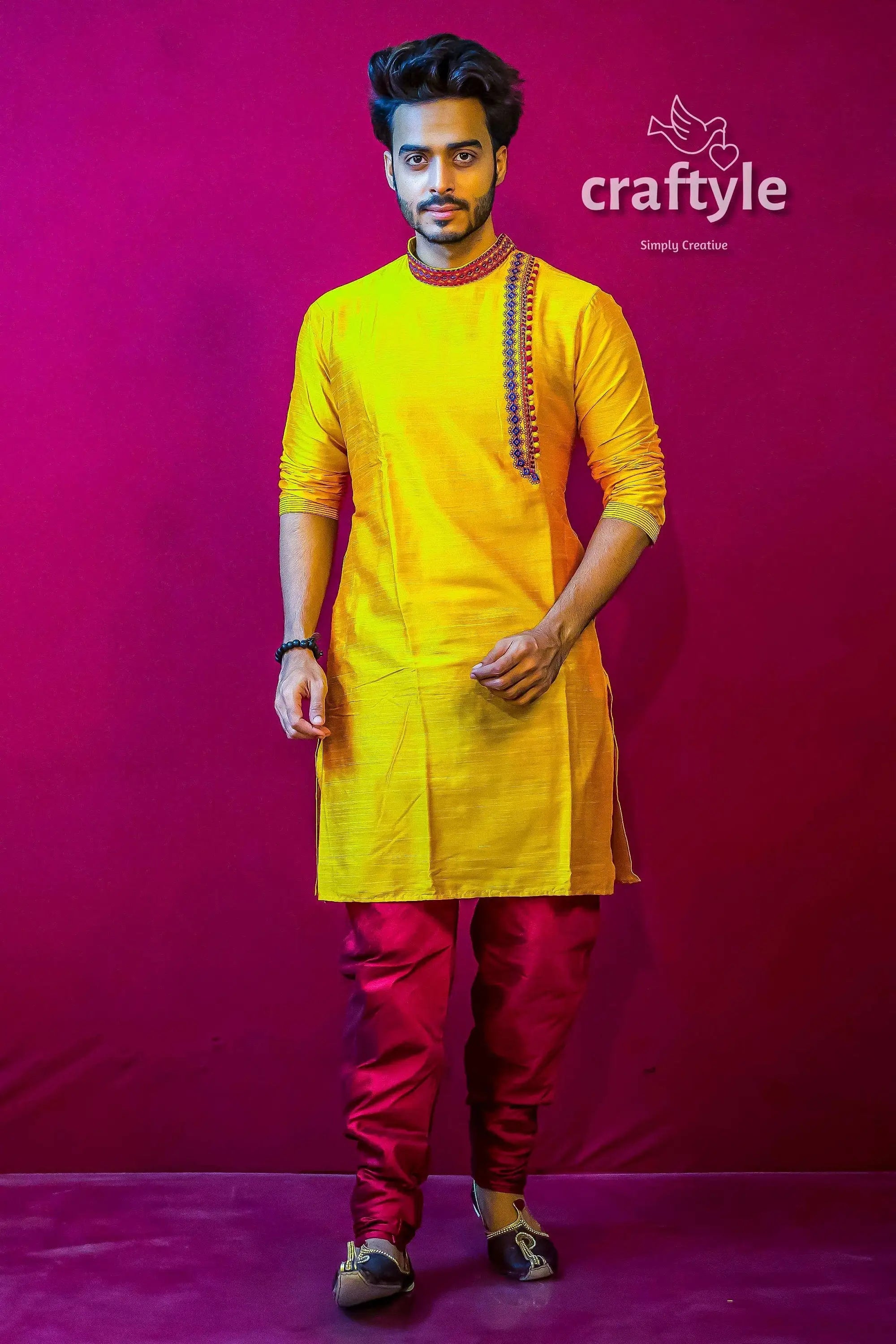 Butter yellow mens kurta pajama with weave work yellow kurta red pants 1