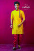 Butter yellow mens kurta pajama with weave work yellow kurta red pants 1