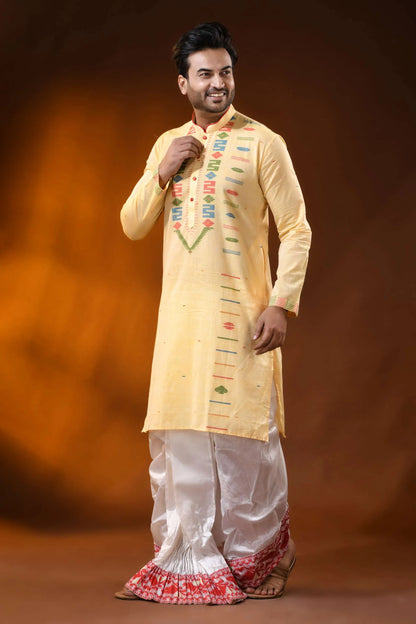 Butter yellow pure cotton jamdani kurta for men - multicolor design 3