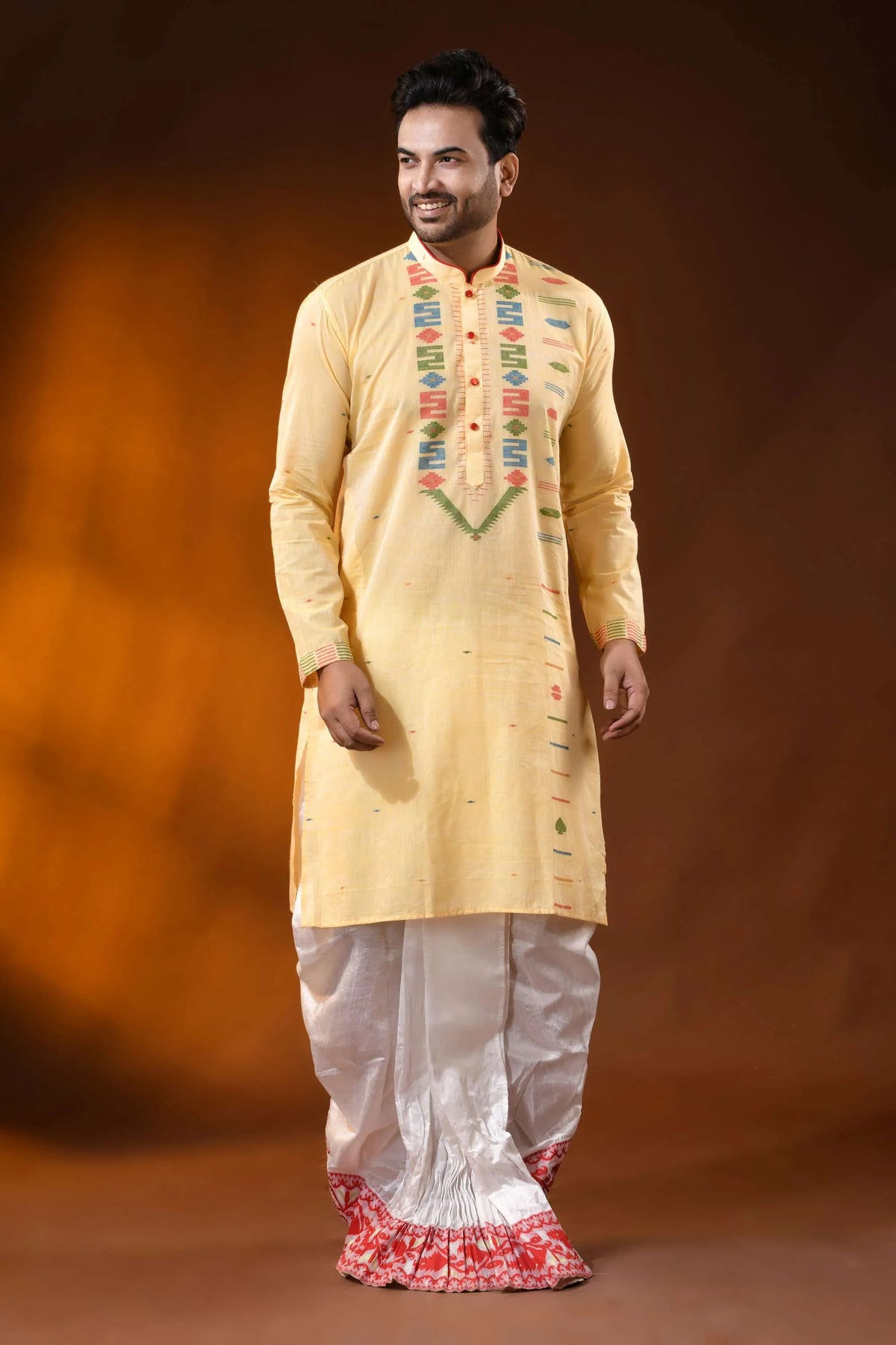 Butter yellow pure cotton jamdani kurta for men - multicolor design 6