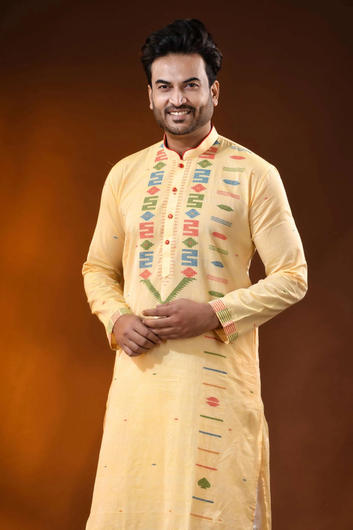 Butter yellow pure cotton jamdani kurta for men - multicolor design 2