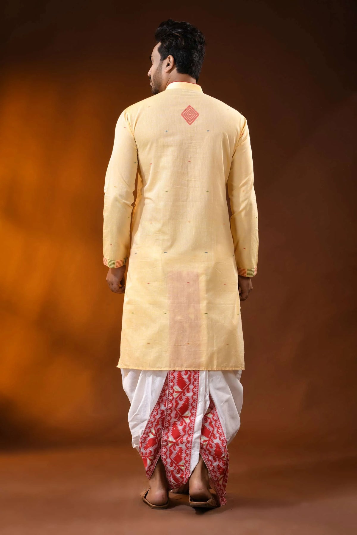 Butter yellow pure cotton jamdani kurta for men - multicolor design 5