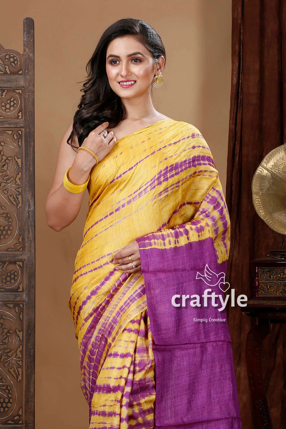 Butter yellow shibori pure tussar silk saree yellow purple tie-dye saree 2