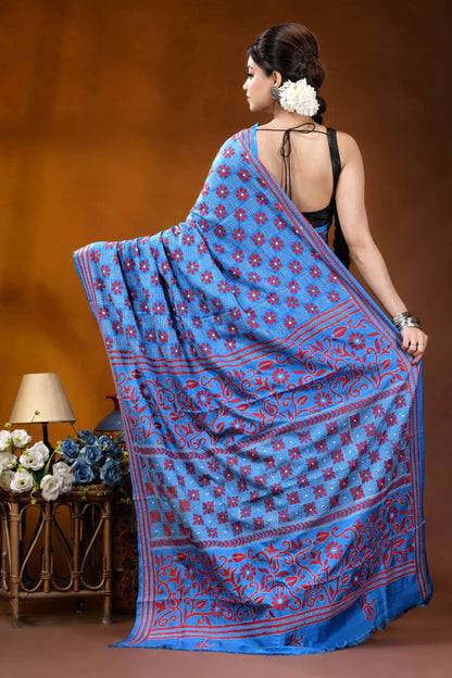Butterfly blue silk kantha stitch saree with red thread floral motif vibrant blue saree intricate red 5