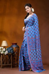 Butterfly blue silk kantha stitch saree with red thread floral motif woman wears vibrant blue saree 3
