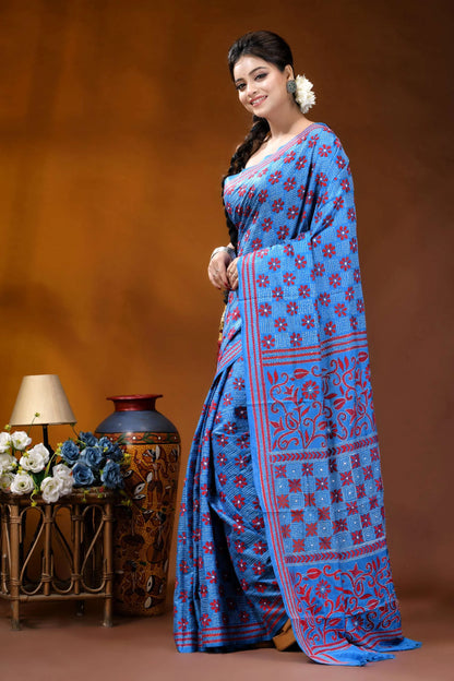Butterfly blue silk kantha stitch saree with red thread floral motif woman wears vibrant blue saree 3