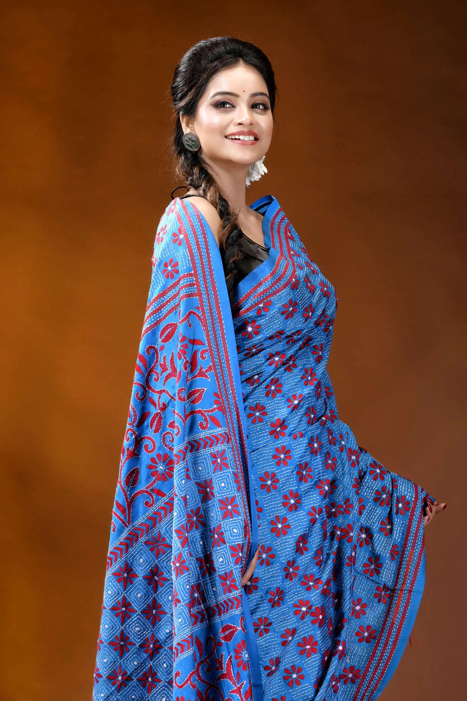 Butterfly blue silk kantha stitch saree with red thread floral motif vibrant blue saree intricate red 2