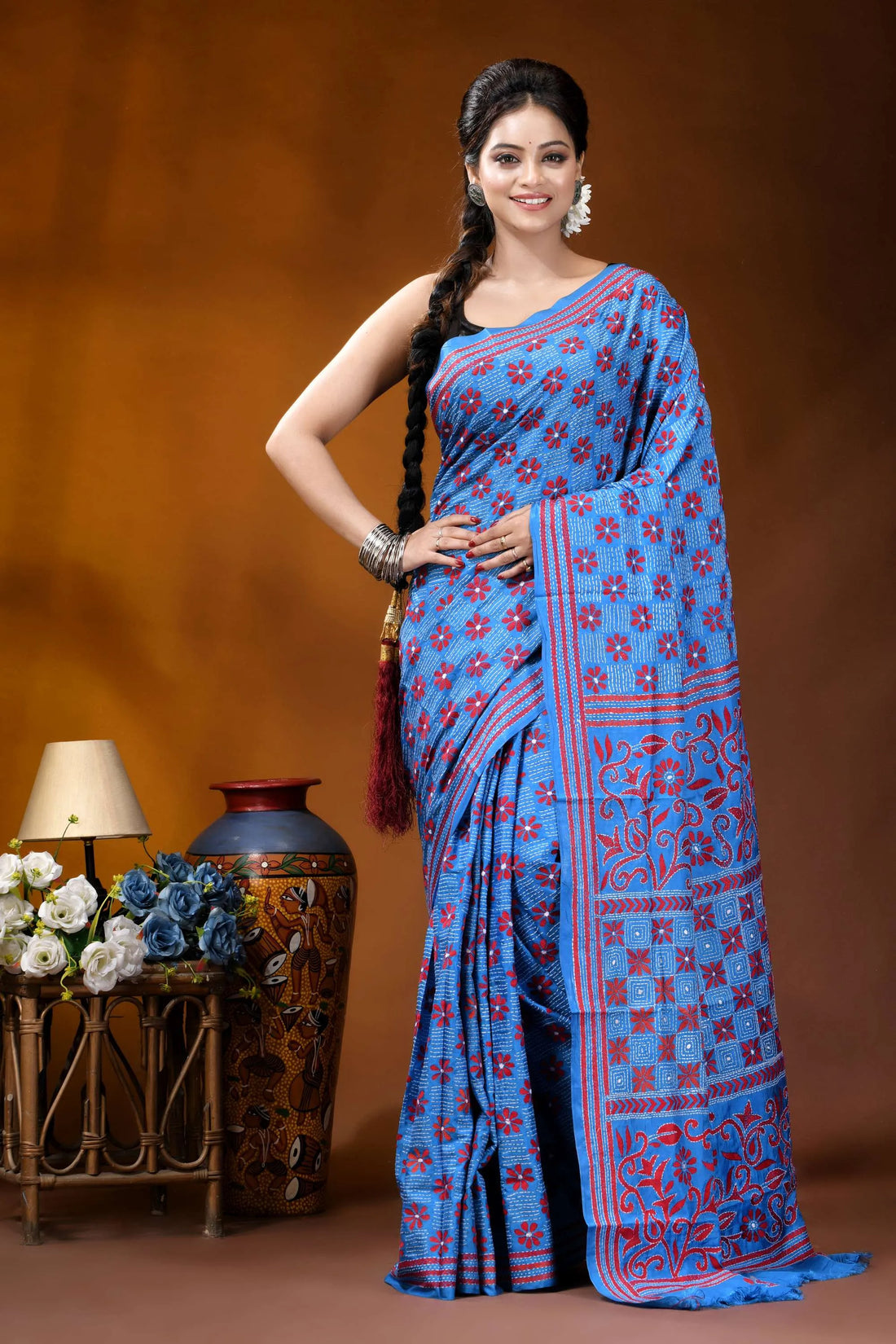 Butterfly blue silk kantha stitch saree with red thread floral motif vibrant blue saree intricate red 1