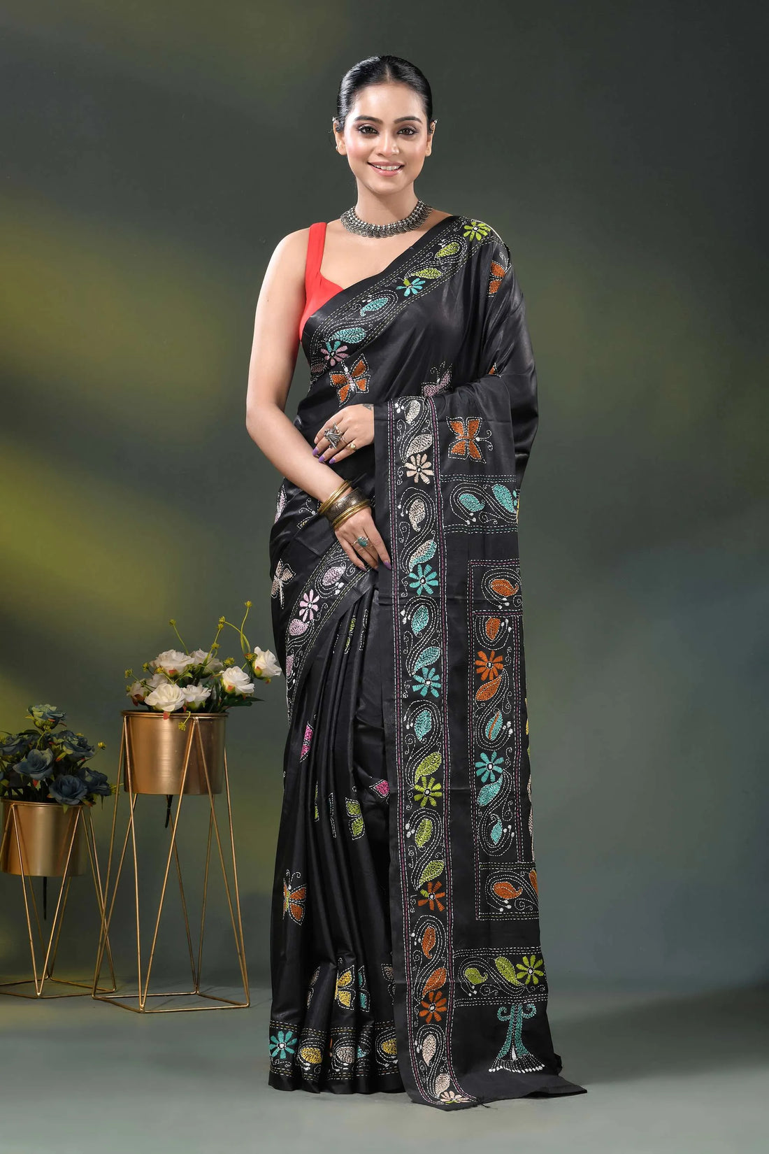Butterfly floral motif pitch black silk kantha stitch saree 1