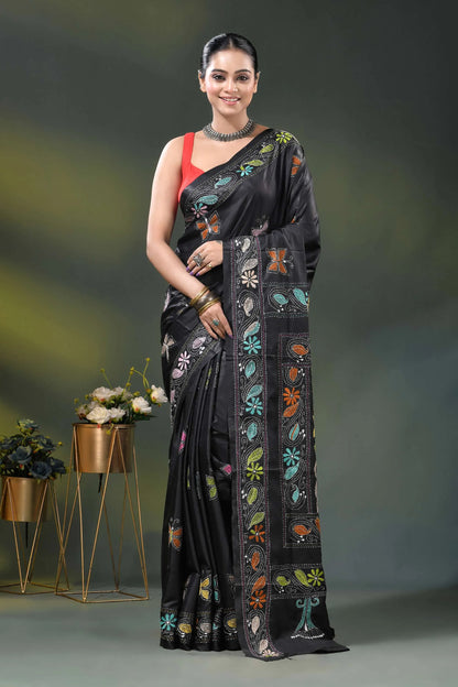 Butterfly floral motif pitch black silk kantha stitch saree 1
