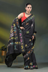 Butterfly floral motif pitch black silk kantha stitch saree 4