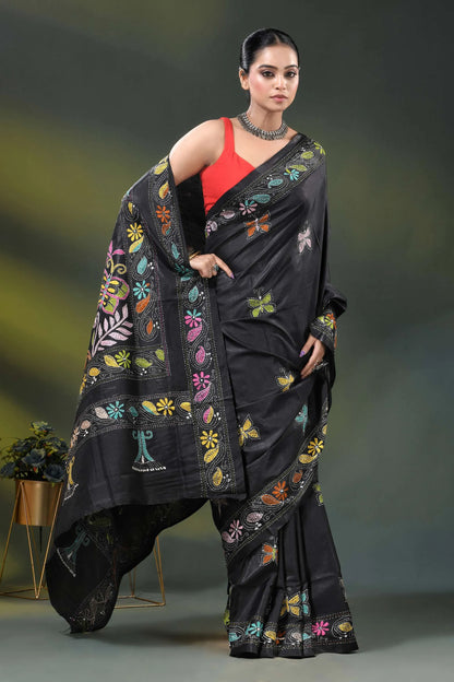Butterfly floral motif pitch black silk kantha stitch saree 4