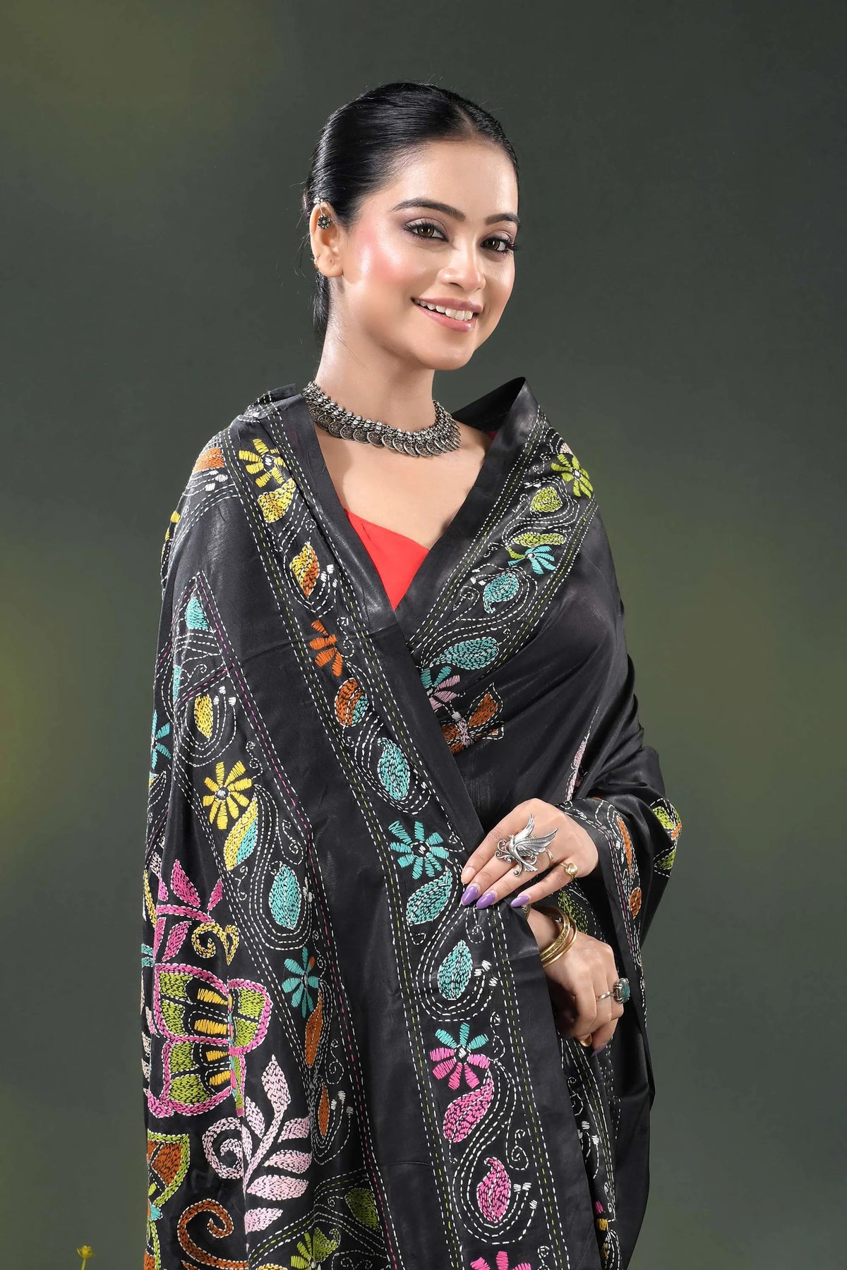 Butterfly floral motif pitch black silk kantha stitch saree 2
