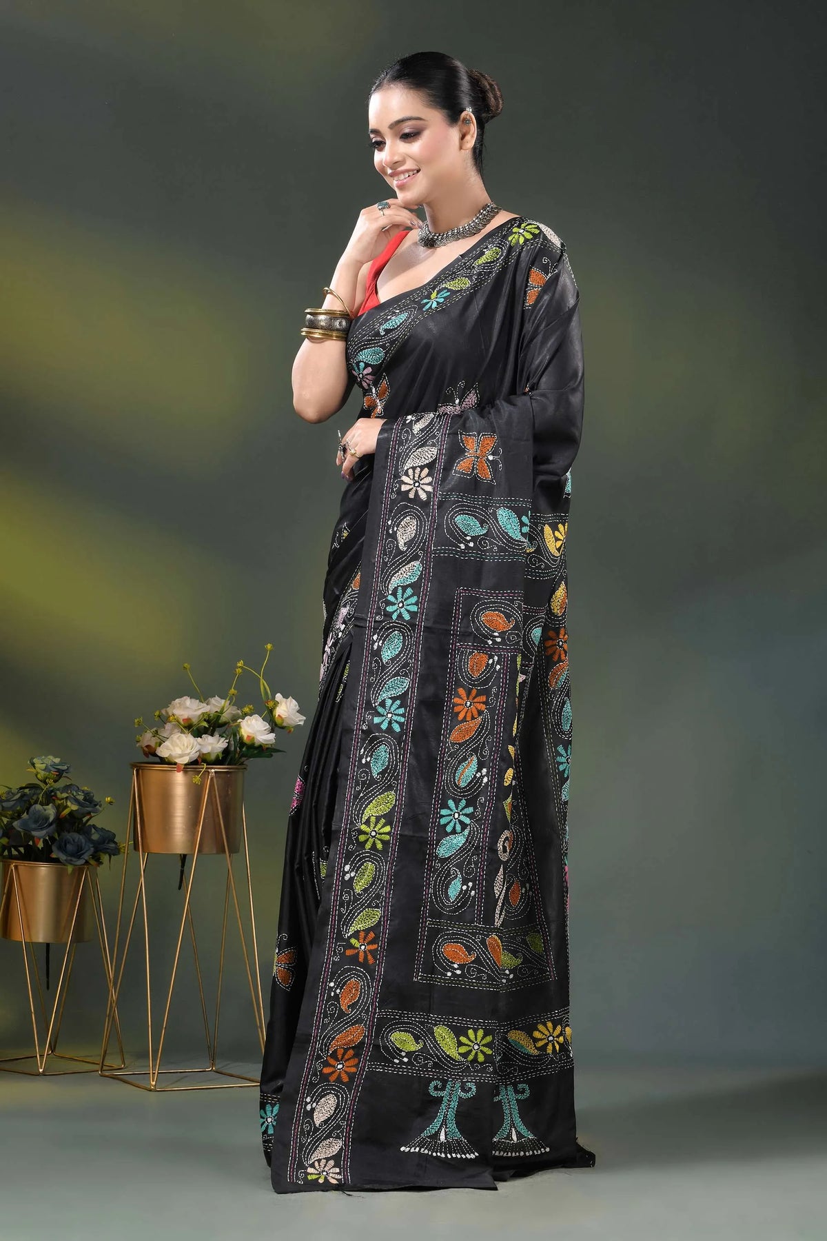 Butterfly floral motif pitch black silk kantha stitch saree 3