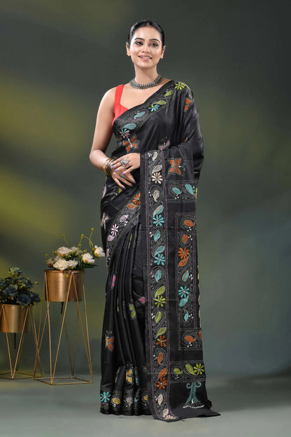 Butterfly floral motif pitch black silk kantha stitch saree 6