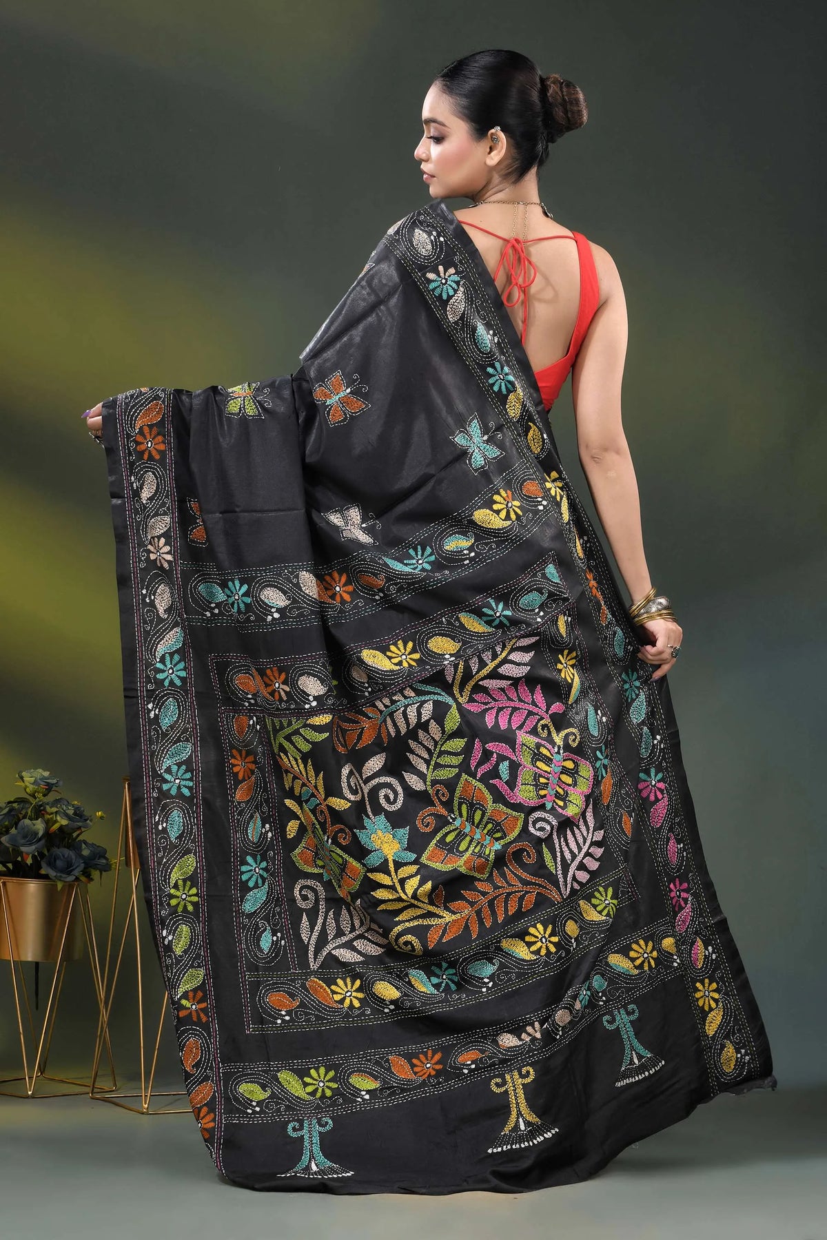 Butterfly floral motif pitch black silk kantha stitch saree 5