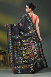 Butterfly floral motif pitch black silk kantha stitch saree 5