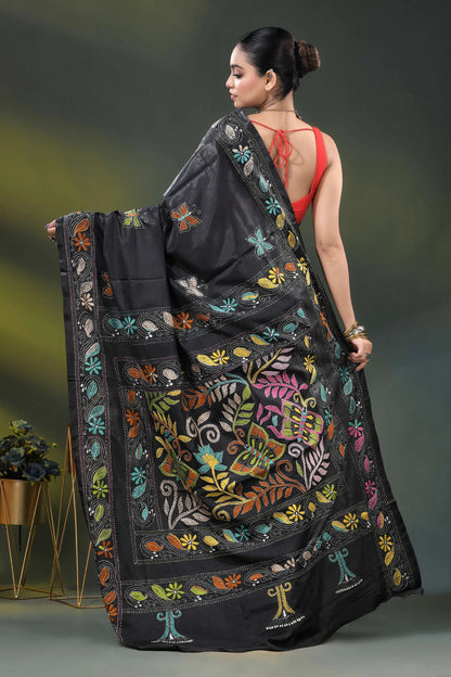 Butterfly floral motif pitch black silk kantha stitch saree 5
