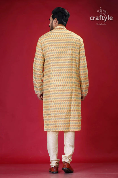 Buttermilk yellow silk punjabi for men - designer ethnic wear man patterned kurta pants 5