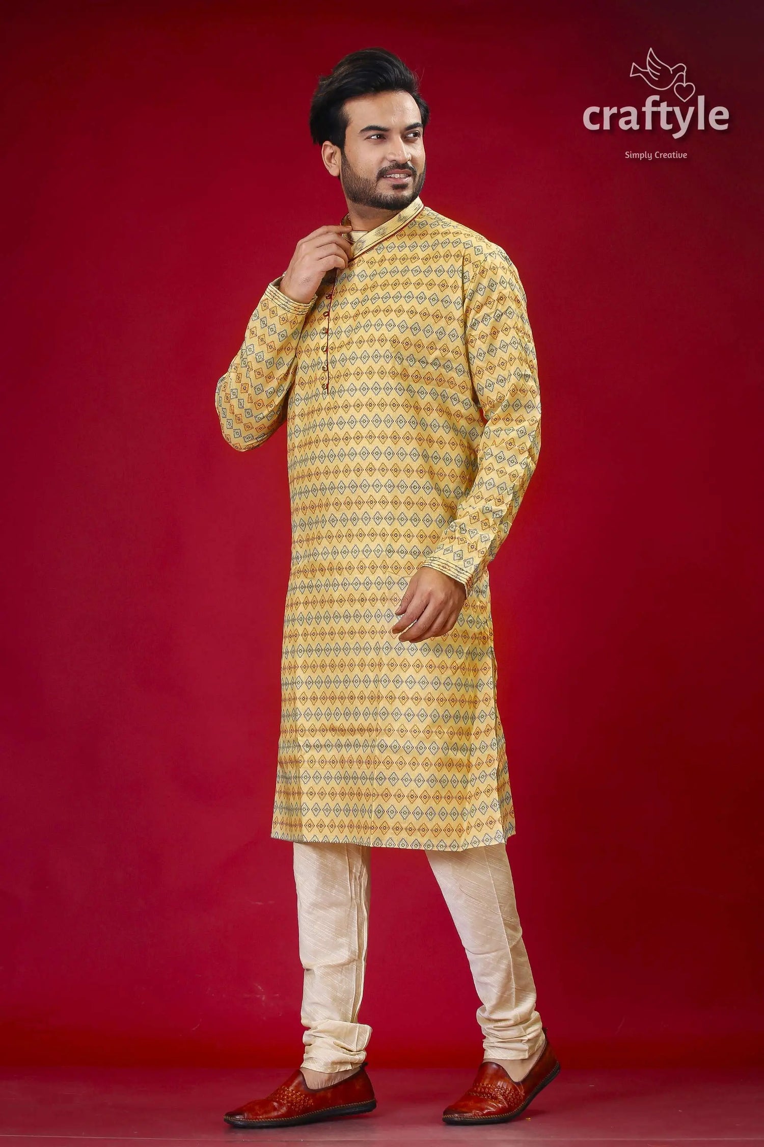 Buttermilk yellow silk punjabi for men - designer ethnic wear man patterned kurta pants 4
