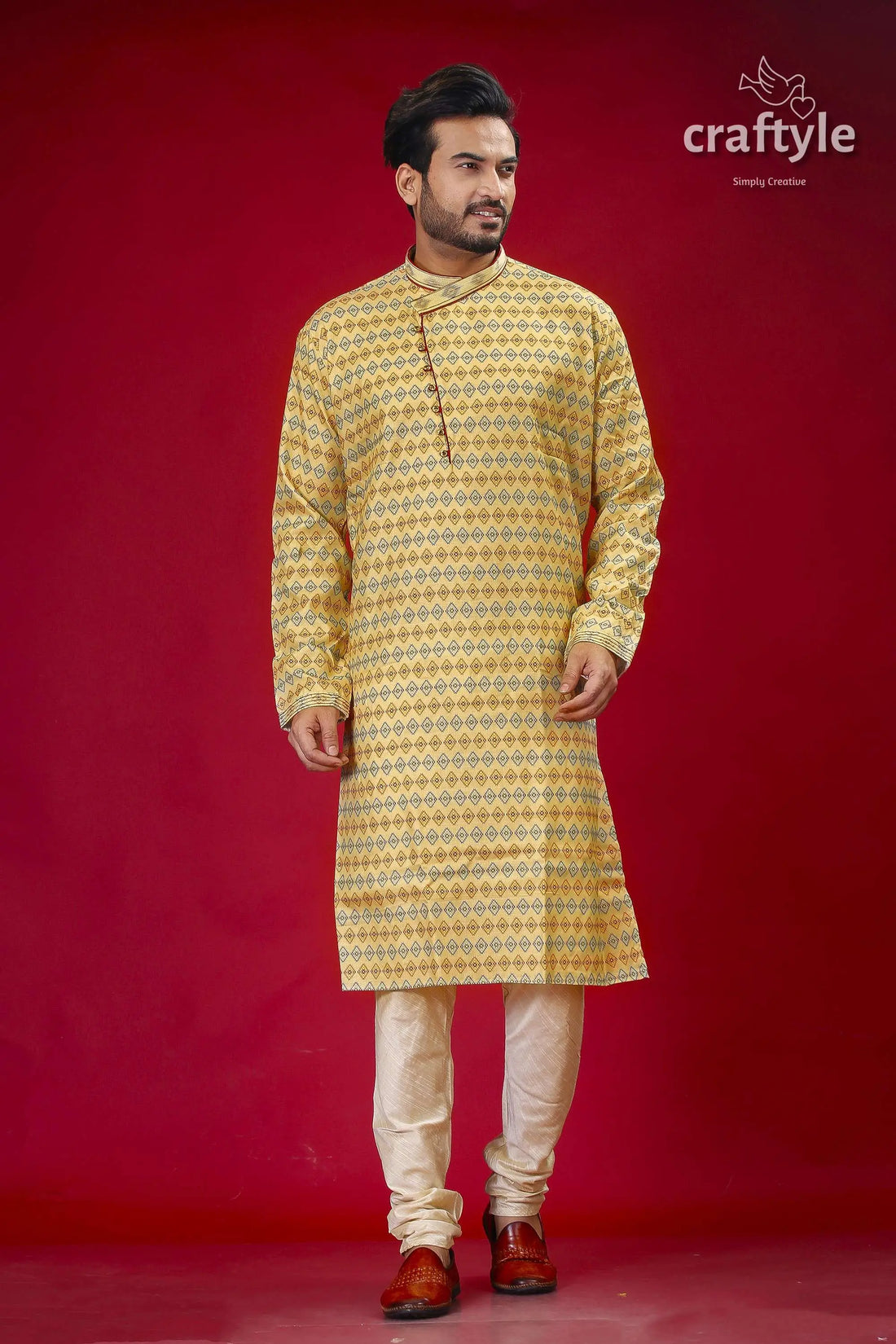 Buttermilk yellow silk punjabi for men designer ethnic wear man patterned kurta churidar 1