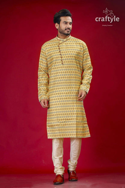Buttermilk yellow silk punjabi for men - designer ethnic wear man patterned kurta churidar 1